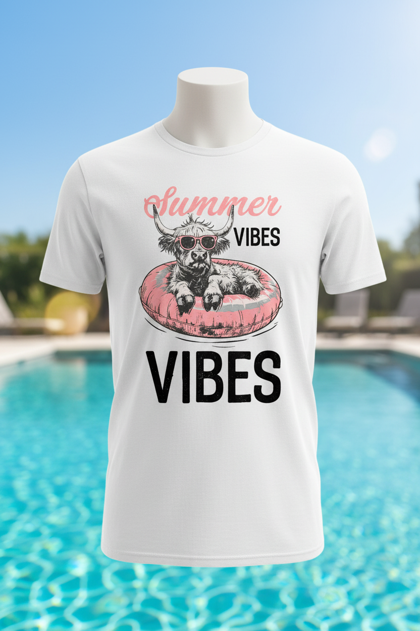 Summer Vibes Highland Cow Graphic Tee - White