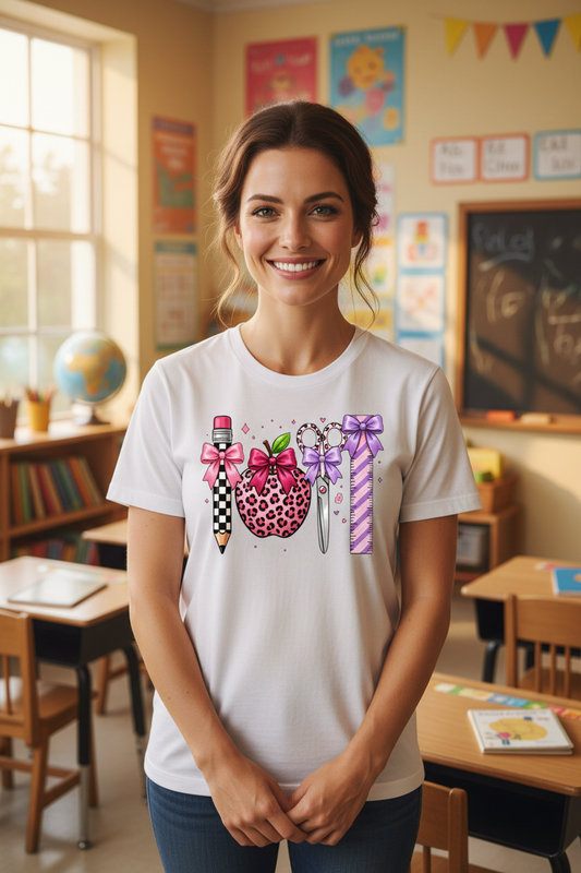 Teacher wearing school supplies graphic tee in classroom
