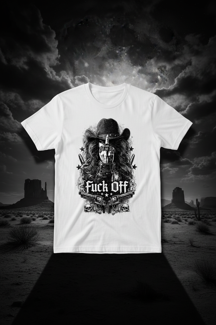 Black and white outlaw cowgirl graphic tee on dark desert night sky background