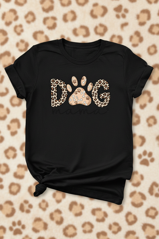 Dog Mama black t-shirt mockup on warm earthy leopard background
