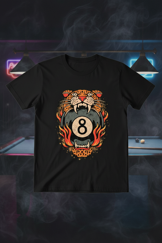 8-Ball leopard black t-shirt mockup on dark moody pool hall background