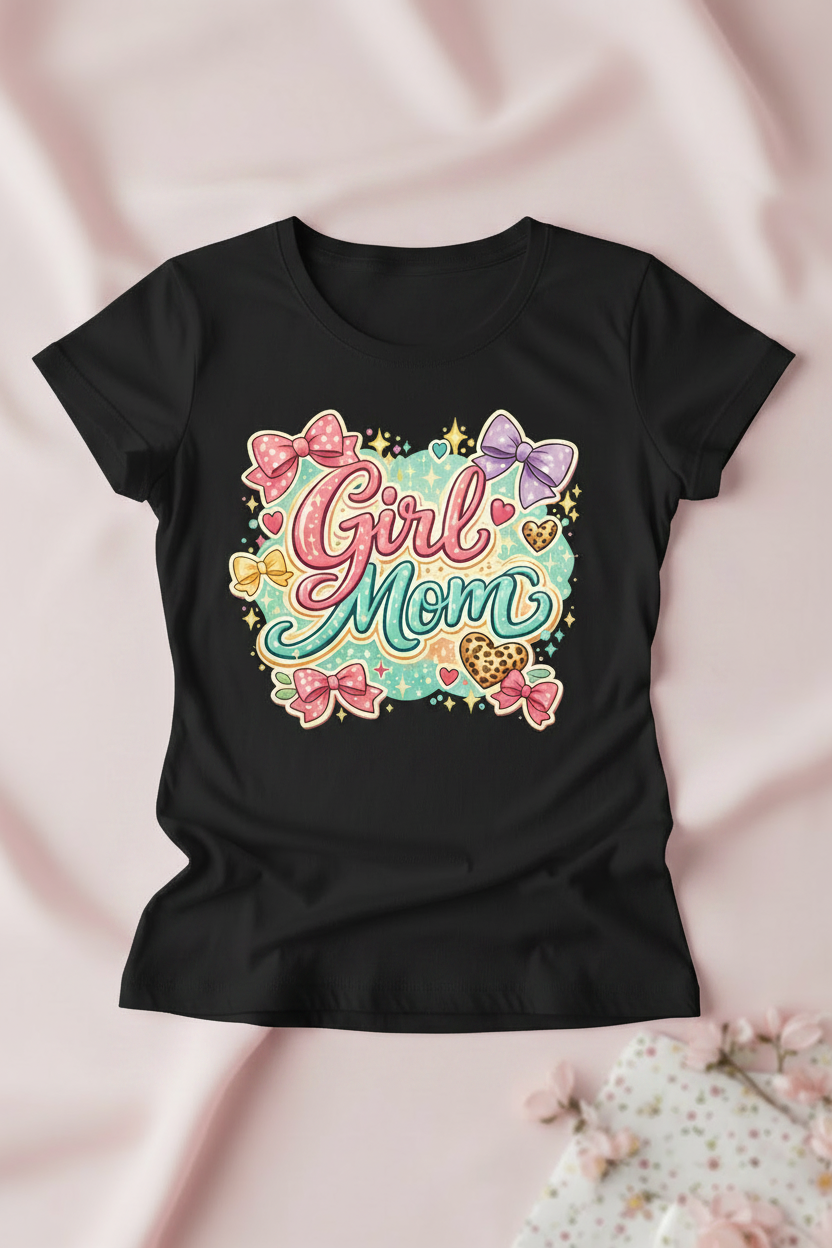 Girl Mom black t-shirt mockup on pastel pink background