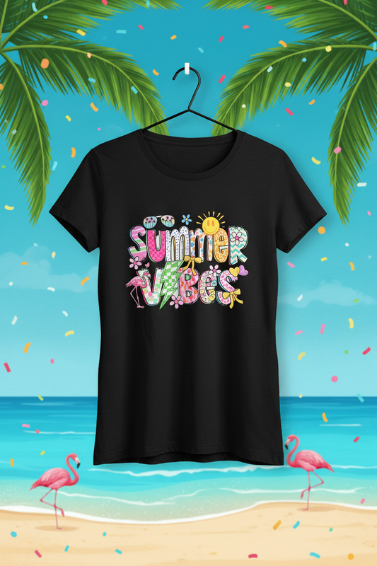Summer Vibes black t-shirt mockup on bright tropical beach background