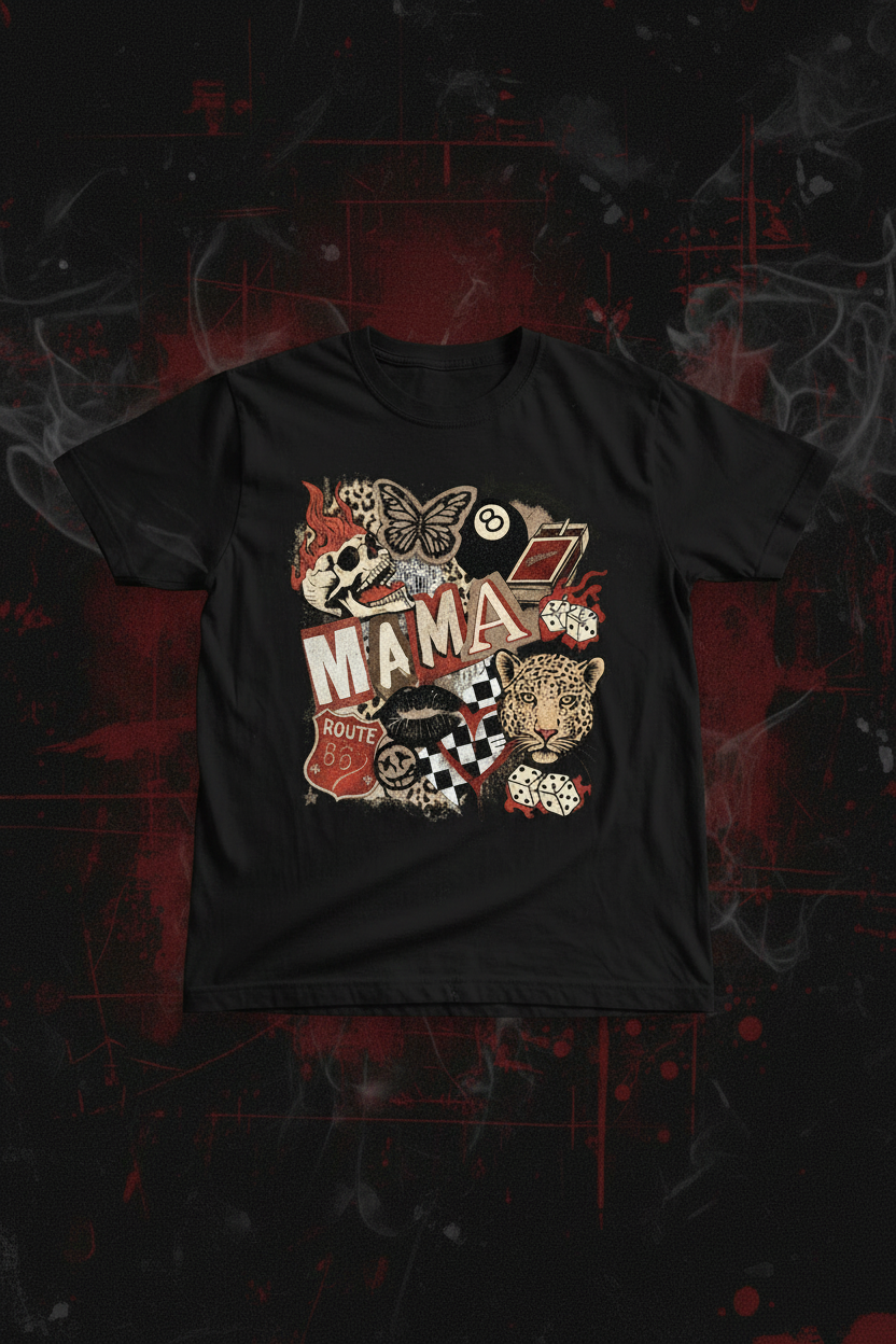 Mama Rock & Roll black t-shirt mockup on dark grunge background