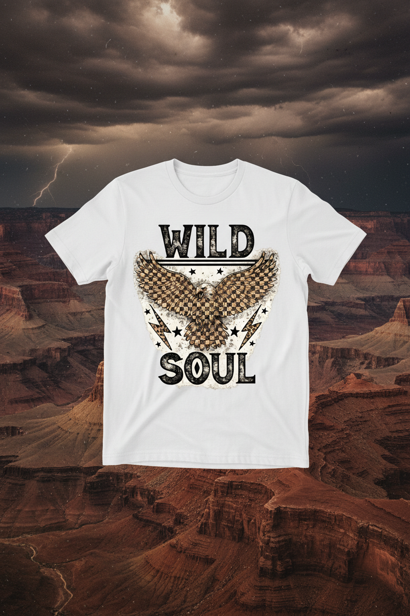 Vintage distressed Wild Soul eagle graphic tee on dramatic desert canyon background