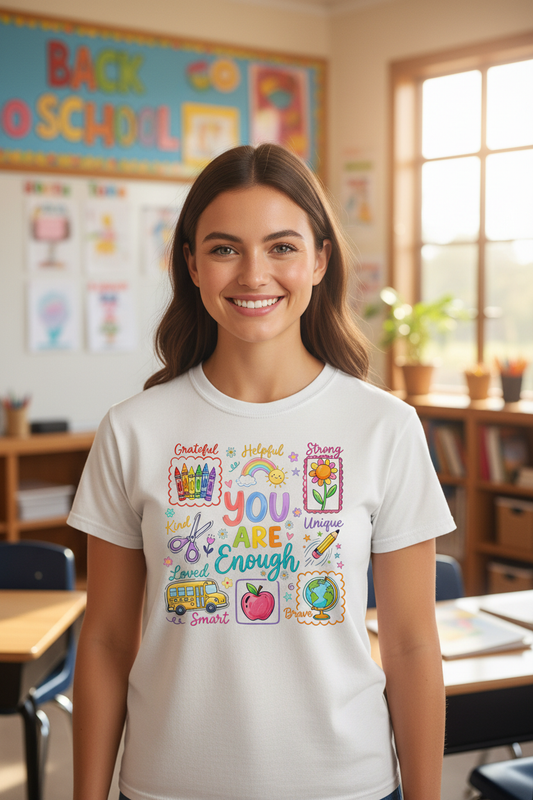 Teacher wearing You Are Enough graphic tee in classroom