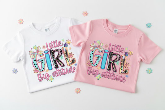 Little Girl Big Attitude tees folded flat lay white and pink