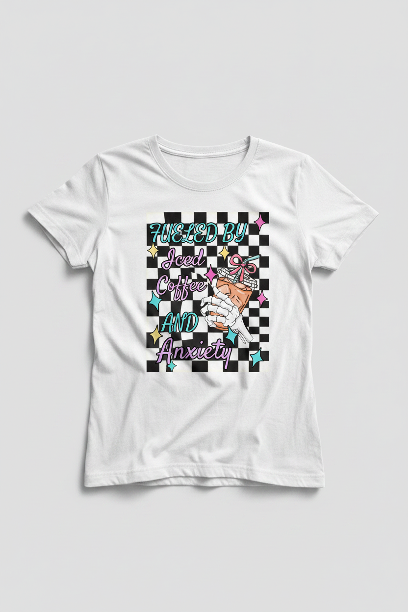Fueled by Iced Coffee and Anxiety women's t-shirt mockup