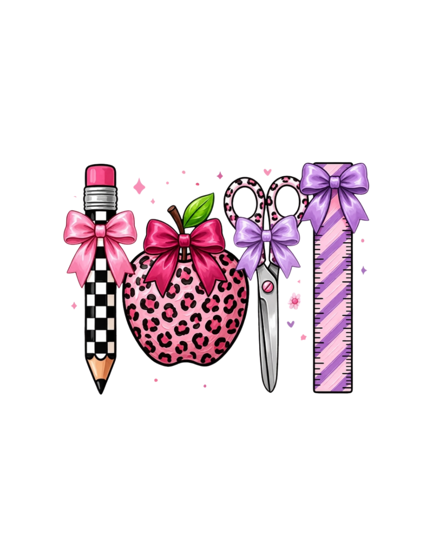 School supplies graphic tee design with checkered pencil, leopard apple, scissors and ruler