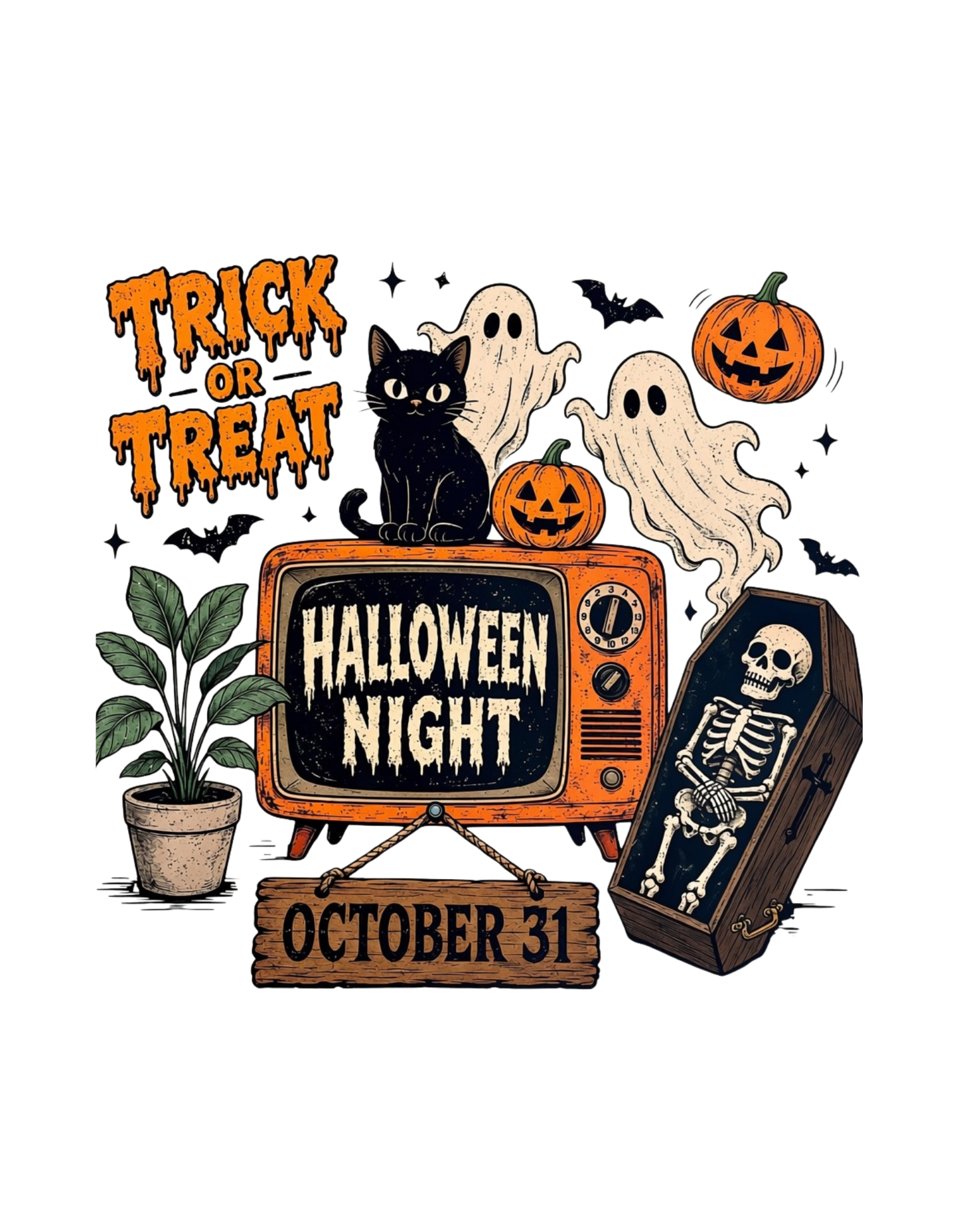 Trick or Treat retro TV Halloween DTF transfer design