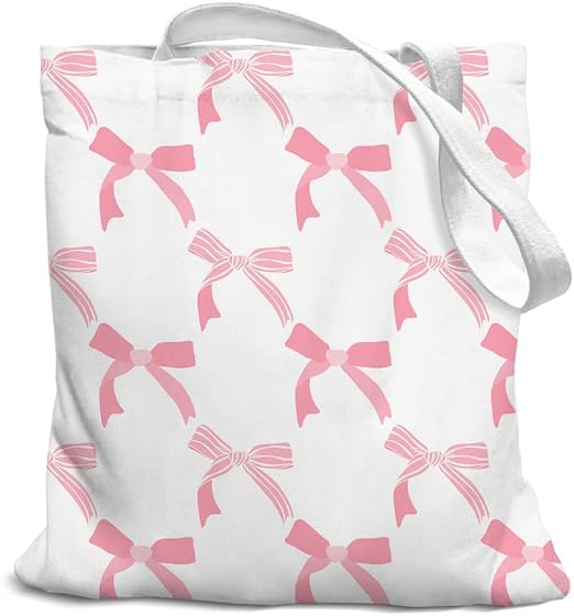 Pink bows allover print white canvas tote bag