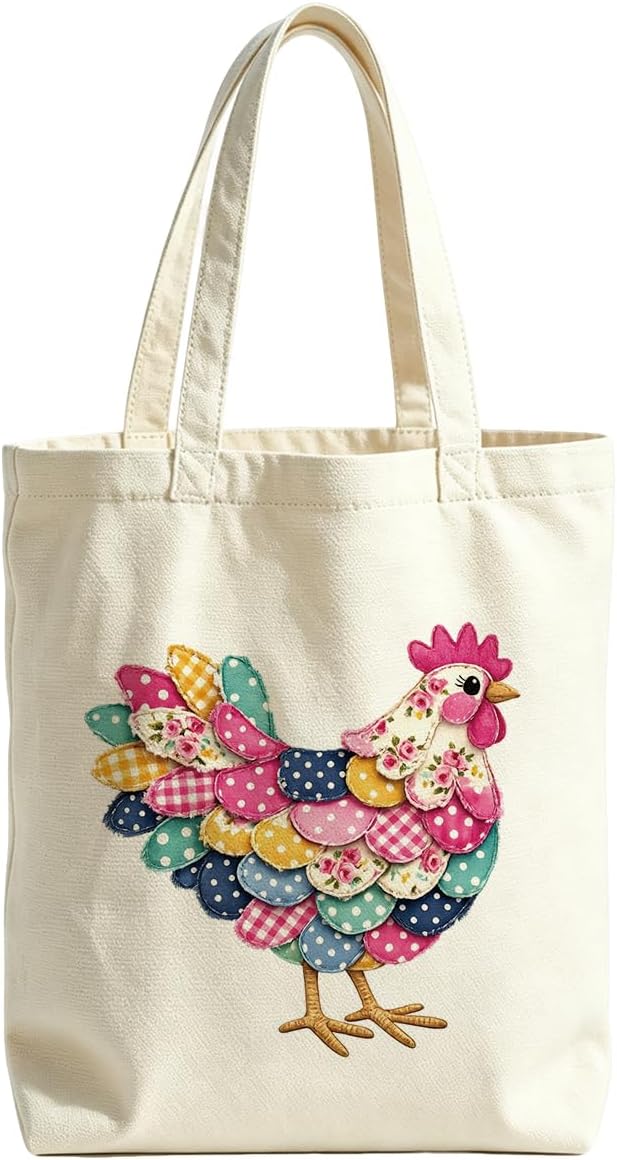 Patchwork chicken colorful applique cream canvas tote bag