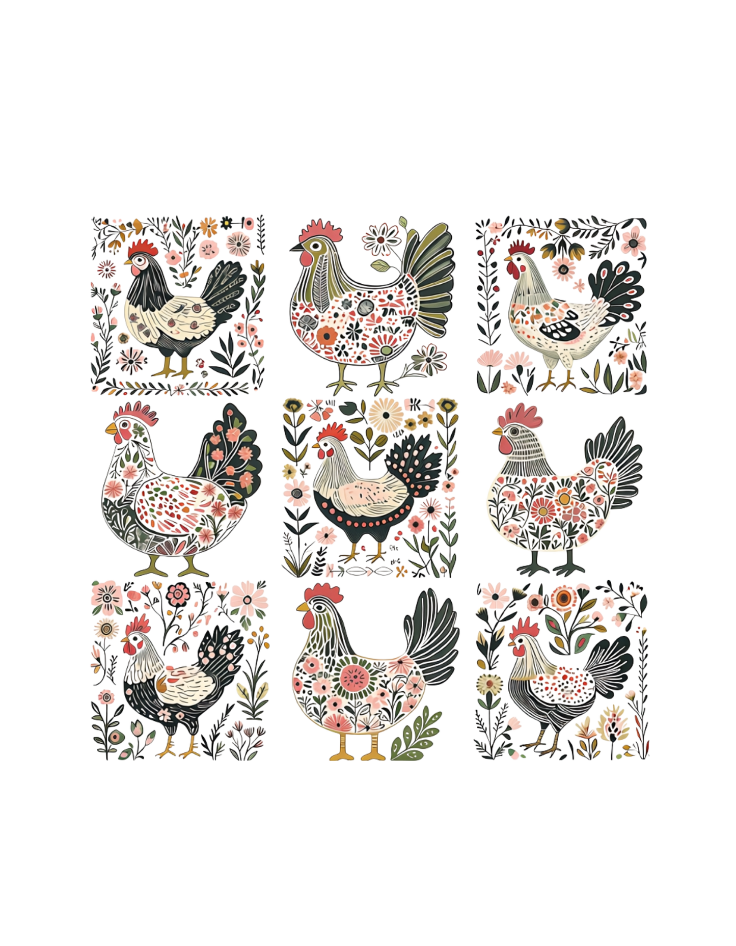 Floral Chickens folk art graphic tee design - 9 panel chicken collage with botanicals