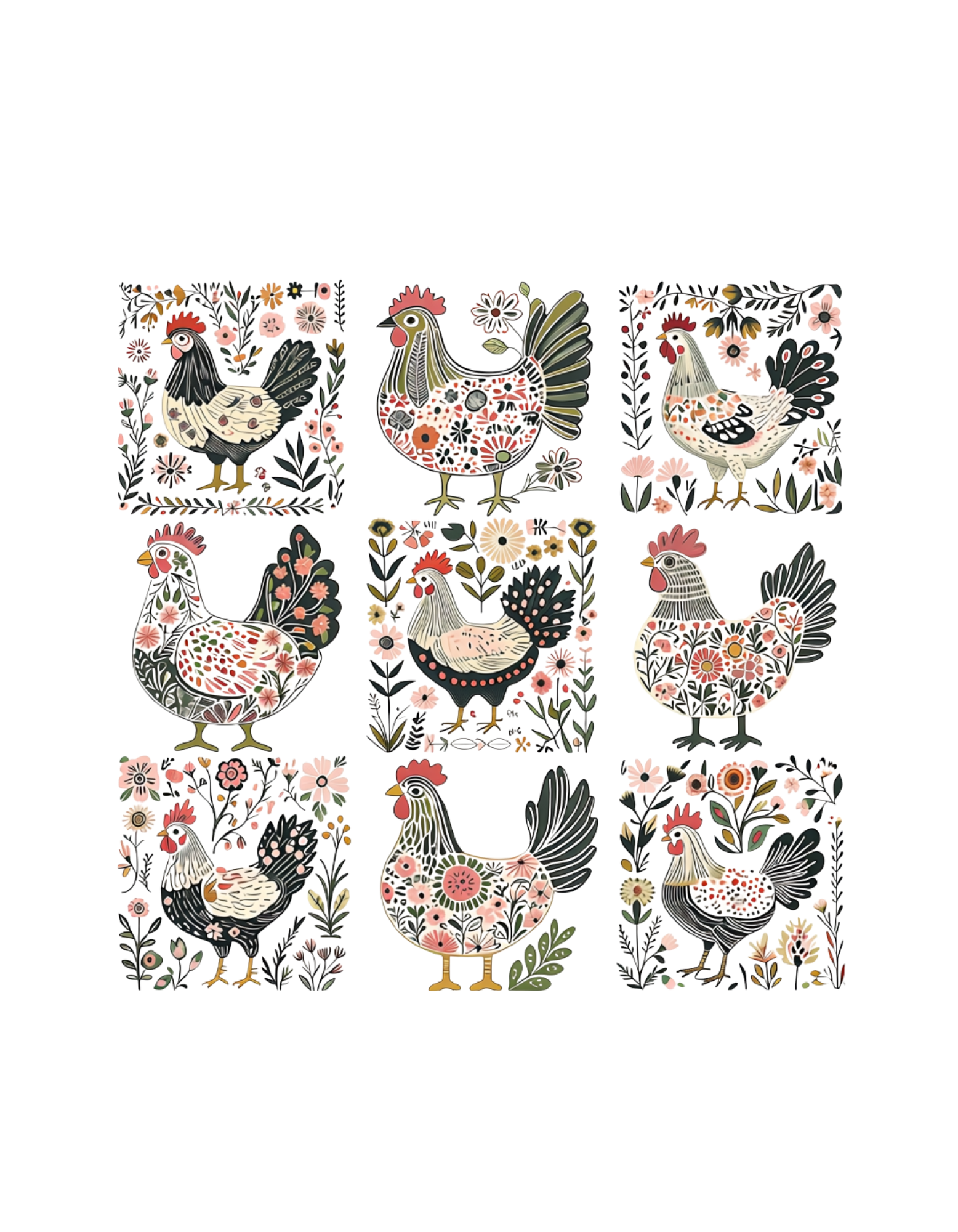 Floral Chickens folk art graphic tee design - 9 panel chicken collage with botanicals