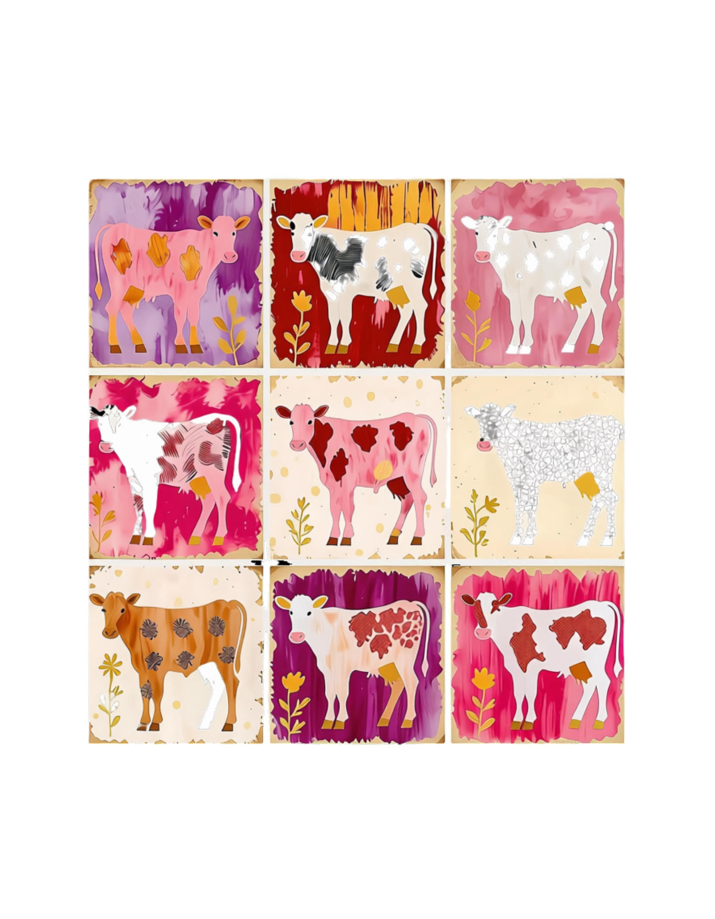 Boho Cows watercolor graphic tee design - 9 panel colorful cow collage