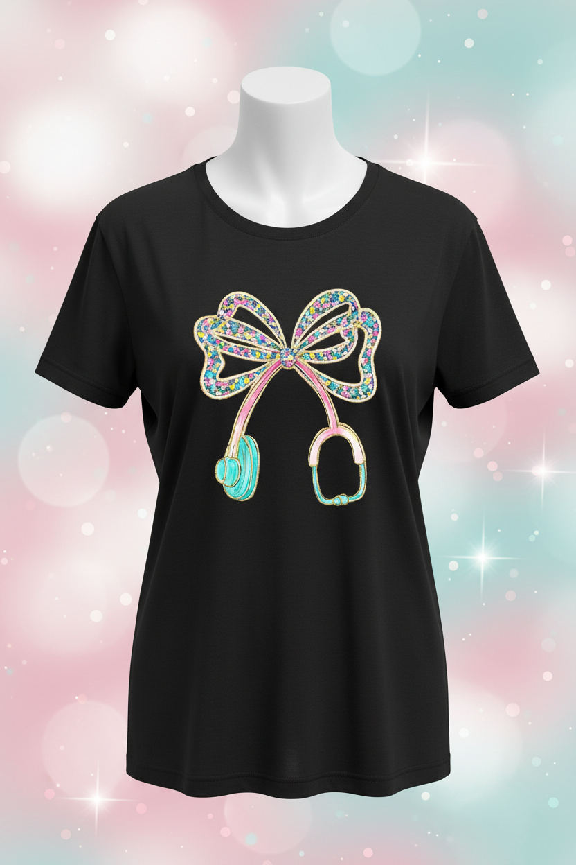 Nurse Bow Stethoscope Graphic Tee - Black