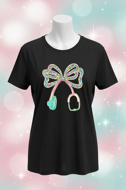 Nurse Bow Stethoscope Graphic Tee - Black