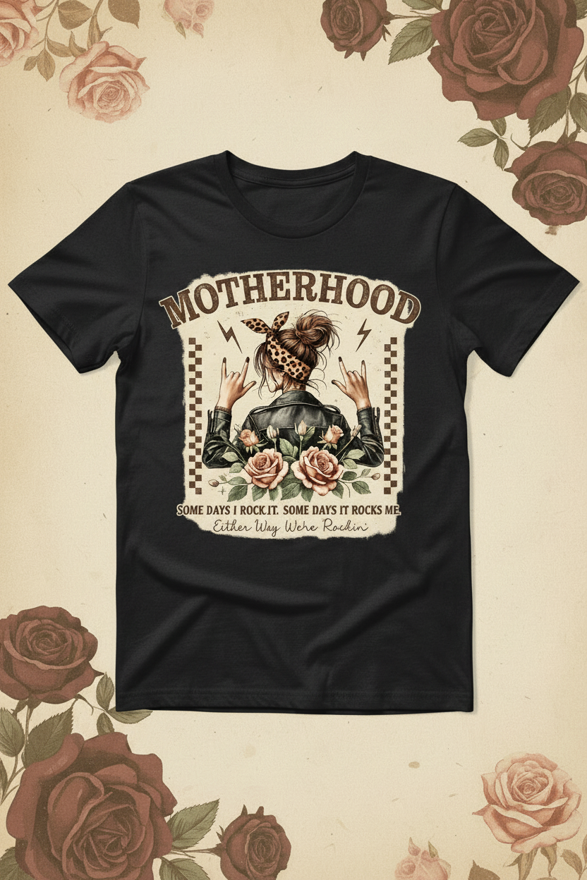 Motherhood Rock On black t-shirt mockup on moody vintage rose background