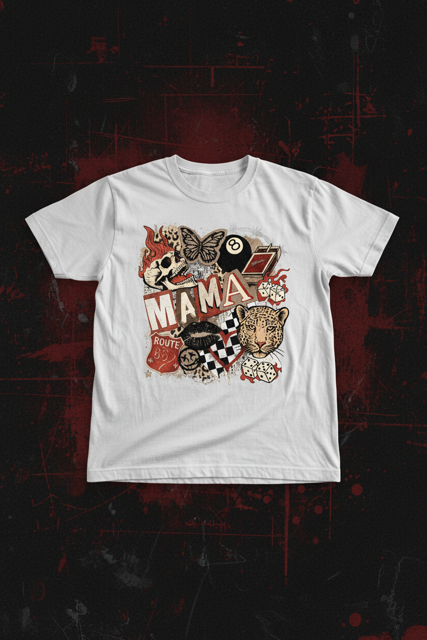 Edgy retro Mama collage graphic tee on dark moody grunge background