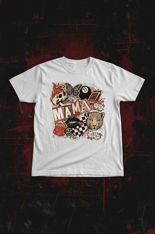 Edgy retro Mama collage graphic tee on dark moody grunge background