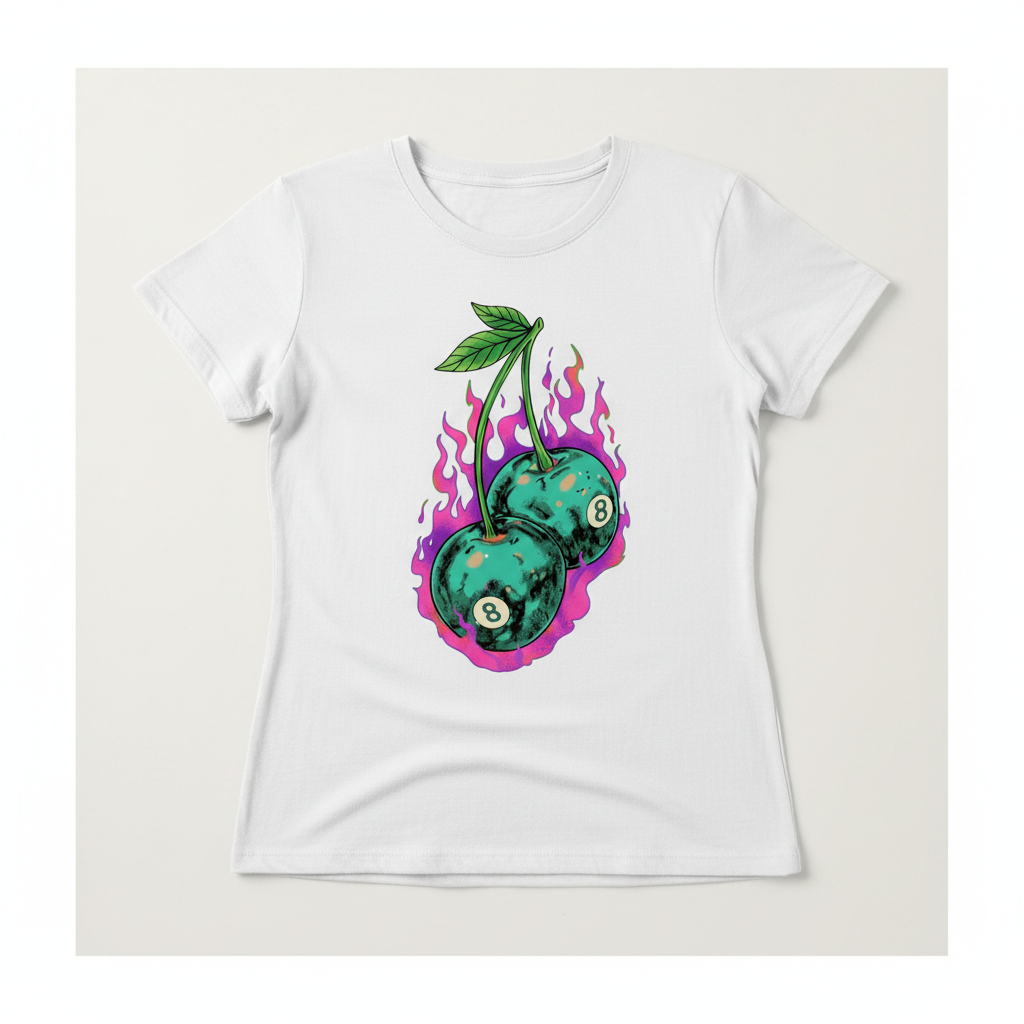 Cherry 8-Ball tee flat lay mockup