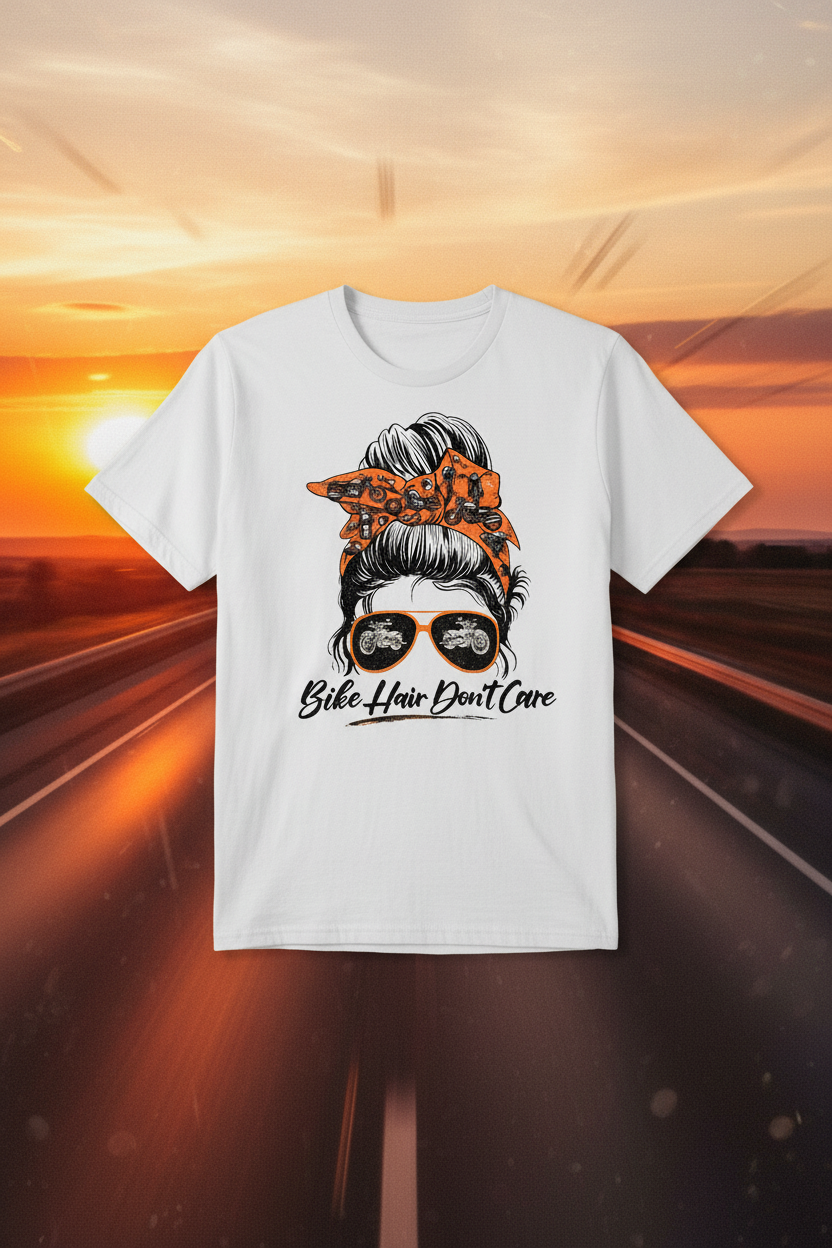 Biker babe messy bun Bike Hair Don't Care graphic tee on open road sunset background