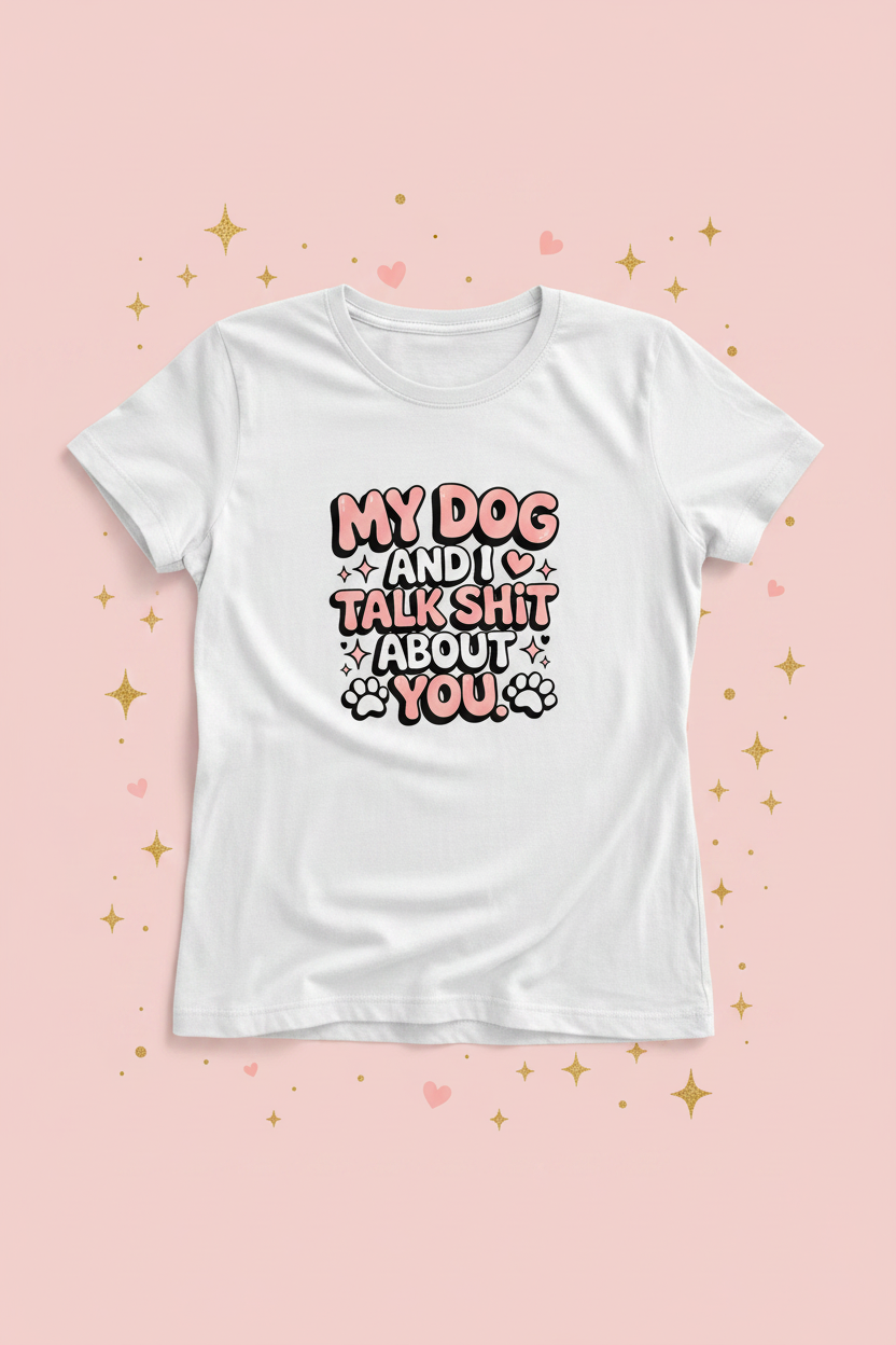 My Dog white t-shirt mockup on blush pink sparkle background
