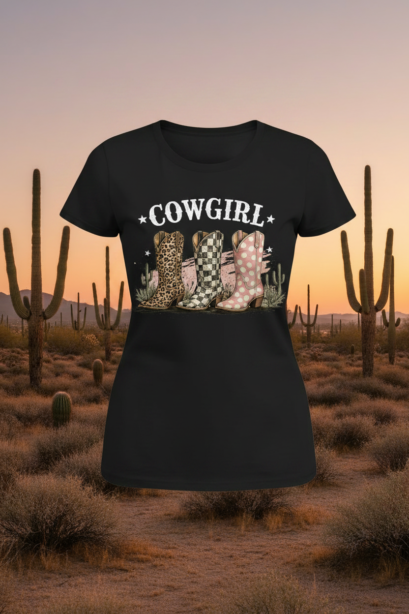 Cowgirl boots black t-shirt mockup on desert sunset cactus background