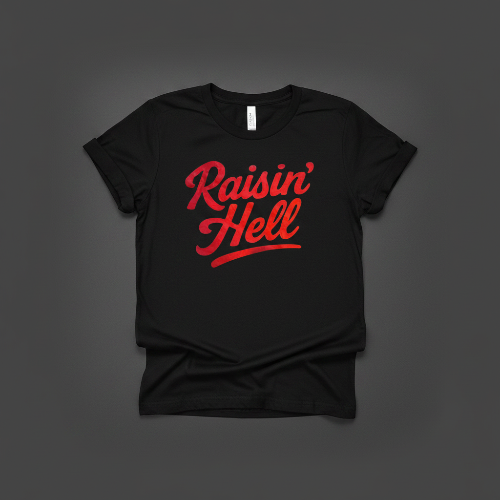 Raisin' Hell black tee flat lay mockup