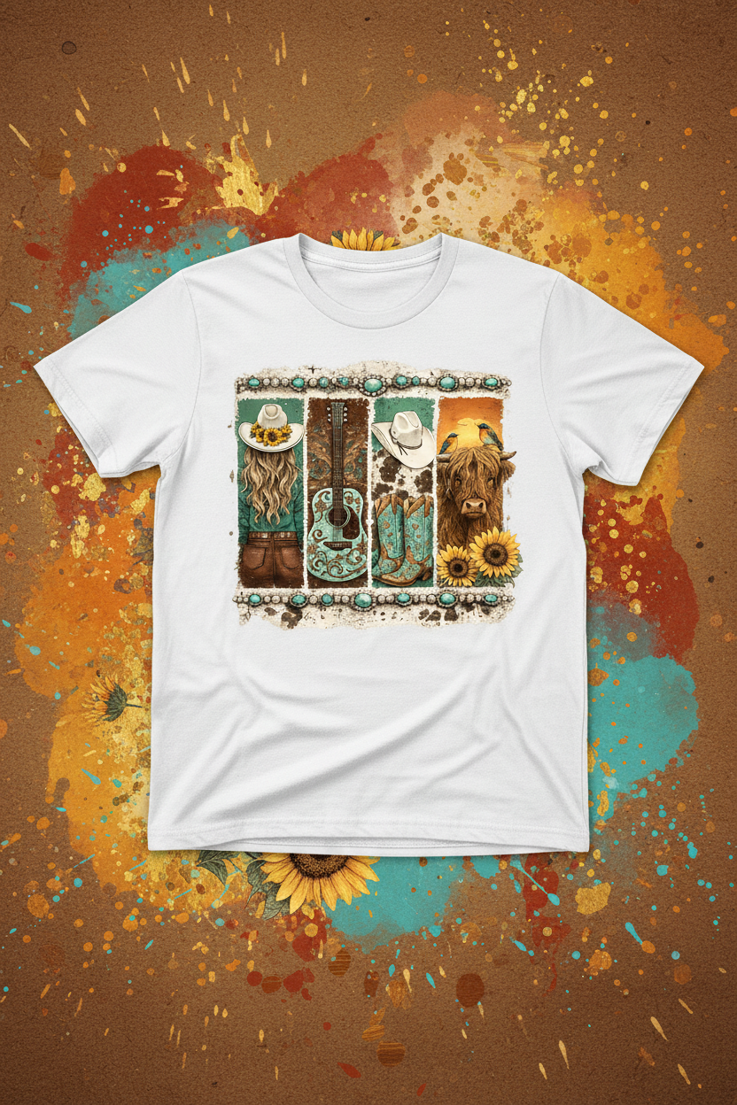 Turquoise western collage cowgirl graphic tee on warm desert sunset background