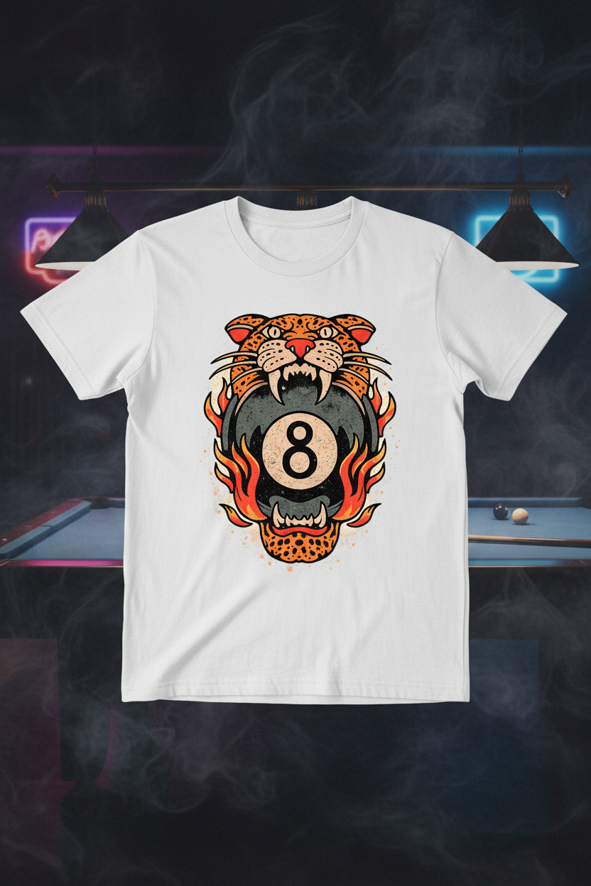 Old school tattoo style leopard flaming 8-ball graphic tee on dark moody pool hall background