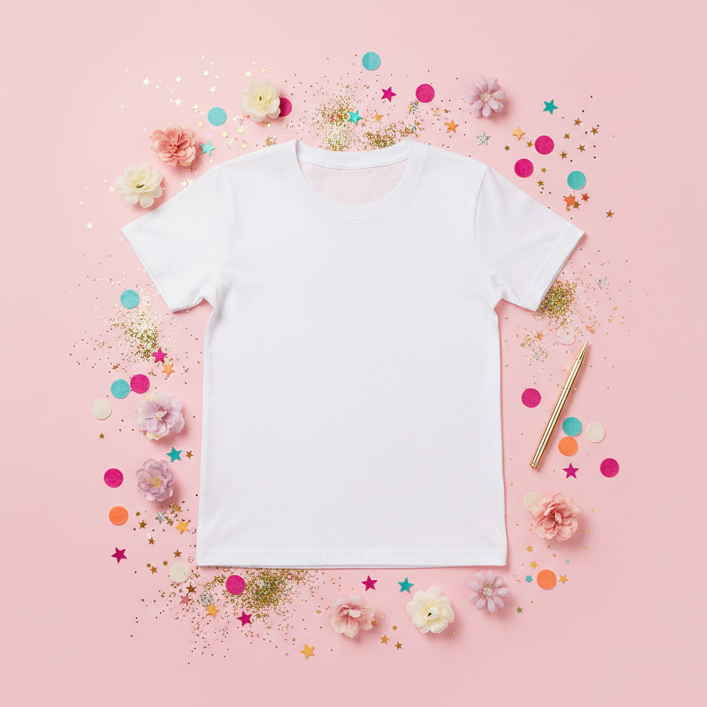 Flat lay of a white custom t-shirt with feminine accessories on a pink background