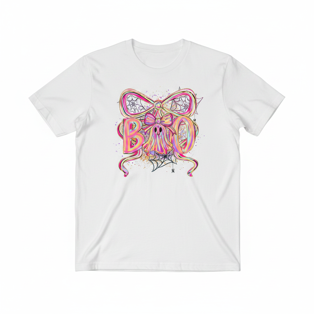 Pink Bow Boo Ghost tee flat lay mockup