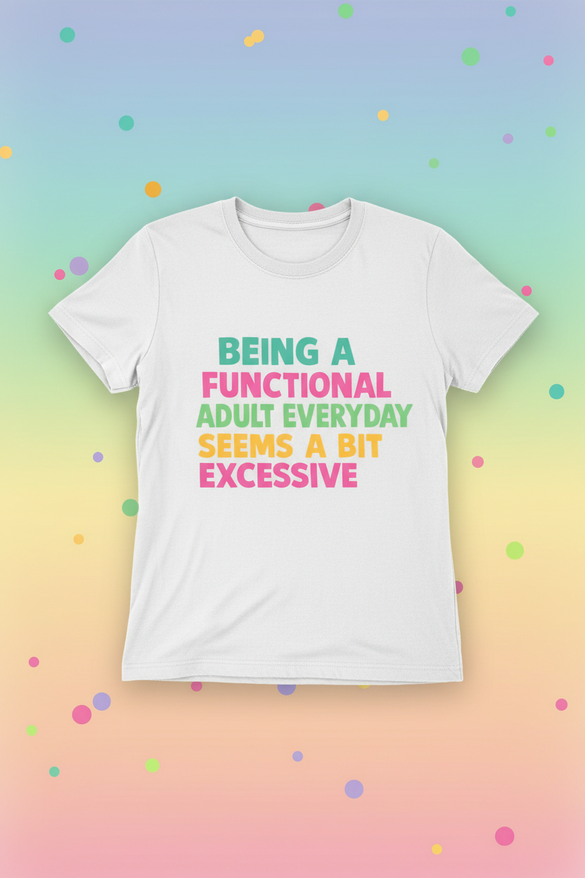 Functional Adult white t-shirt mockup on pastel rainbow confetti background