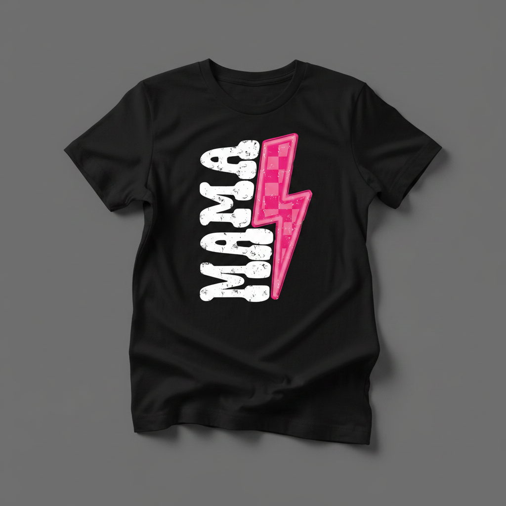 Mama Lightning Bolt black tee flat lay mockup