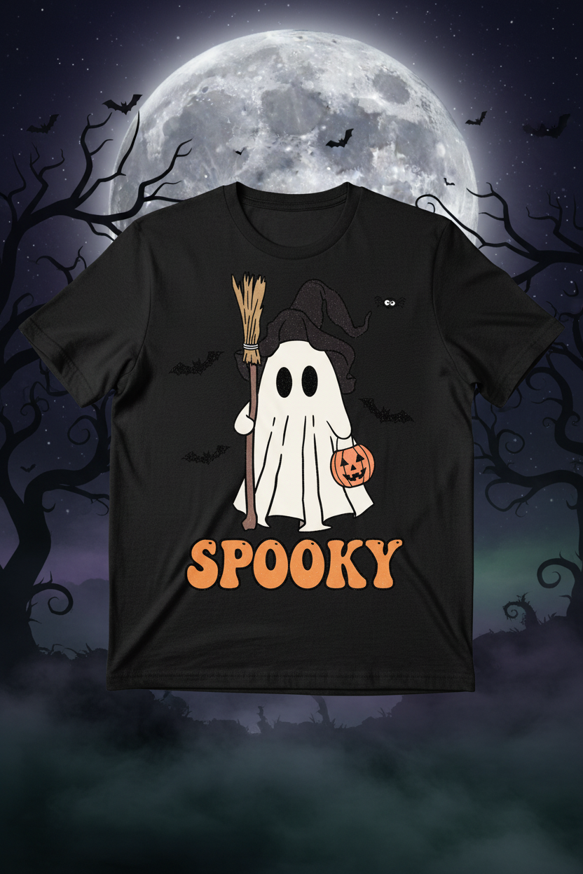 Spooky ghost black t-shirt mockup on dark Halloween night background