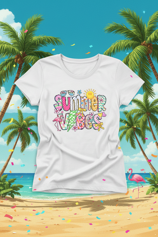 Summer Vibes white t-shirt mockup on bright tropical beach background