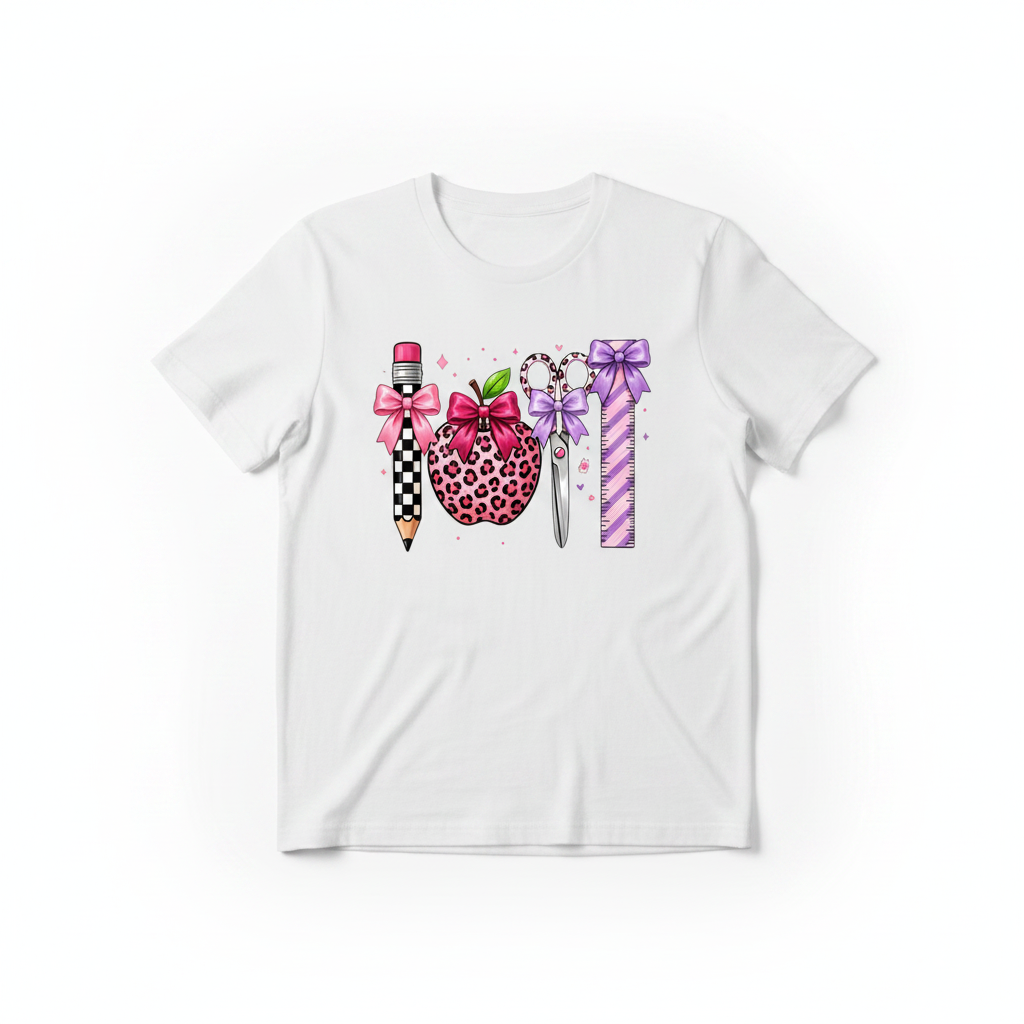 School supplies tee white flat lay