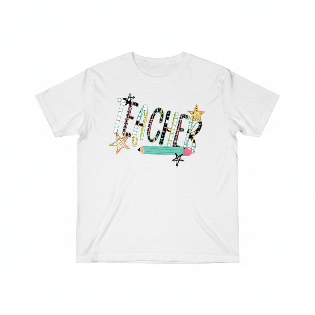 Teacher tee white flat lay