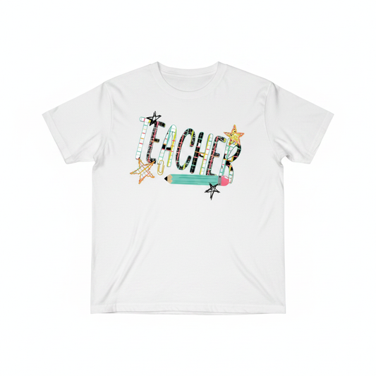 Teacher tee white flat lay
