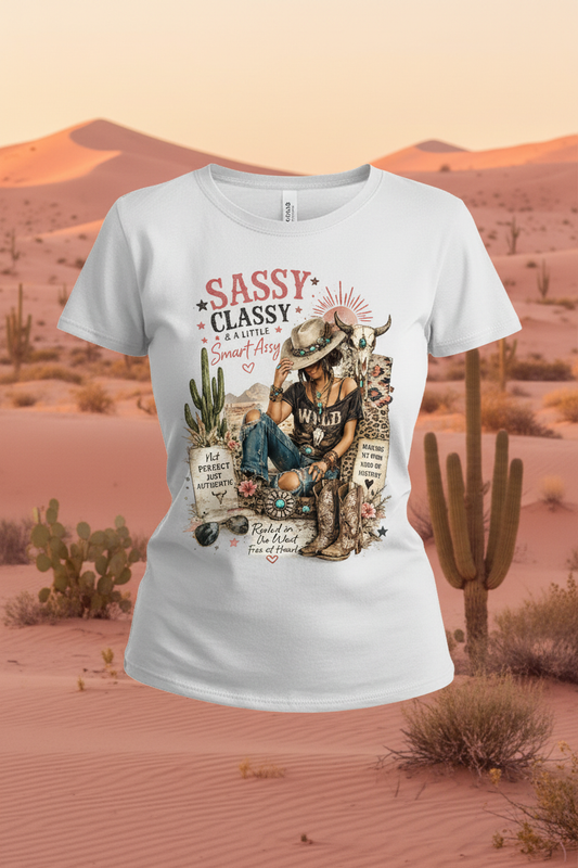 Sassy Classy & a Little Smart Assy women's t-shirt mockup with desert background