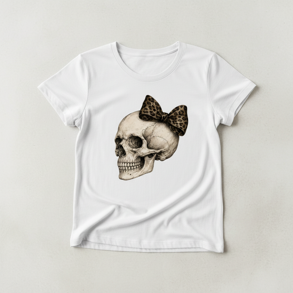 Skull with Leopard Bow tee flat lay mockup