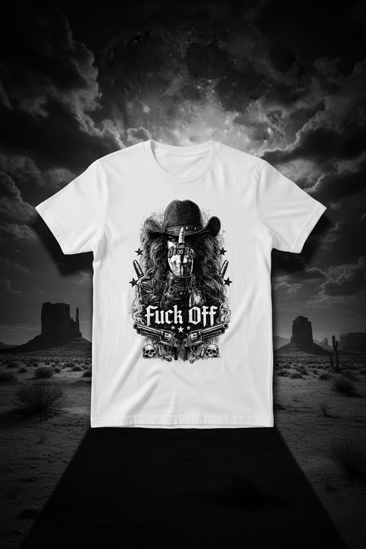 Black and white outlaw cowgirl graphic tee on dark desert night sky background