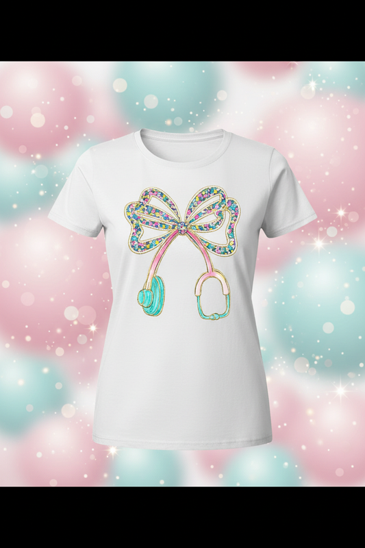 Nurse Bow Stethoscope Graphic Tee - White