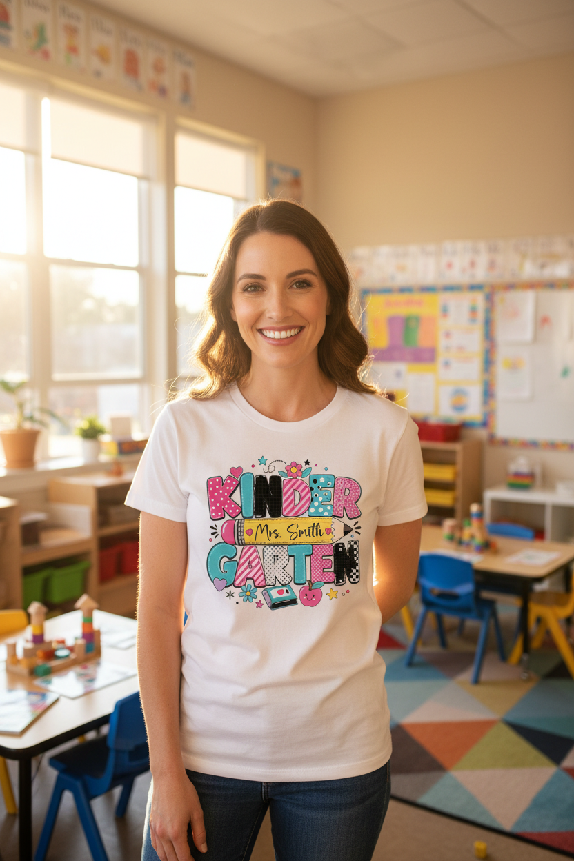 Teacher wearing kindergarten custom name tee