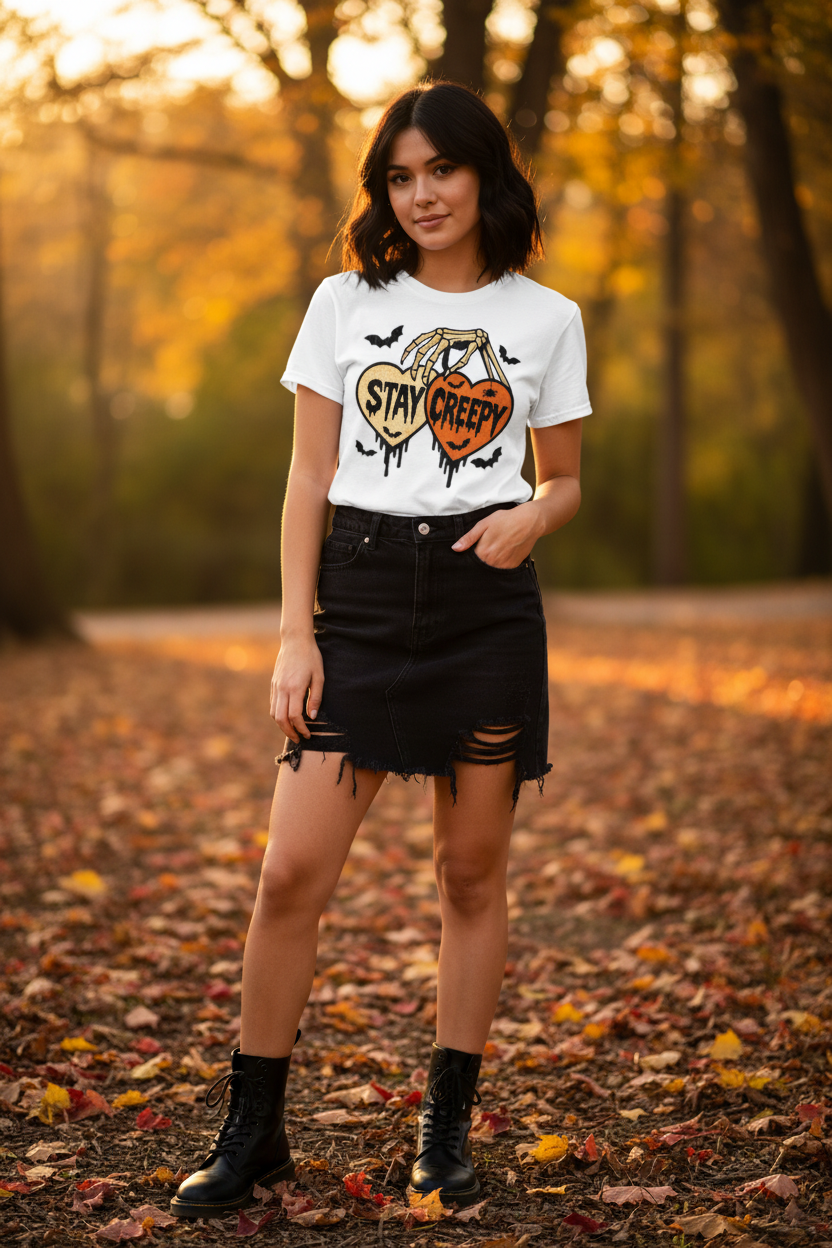 Stay Creepy Halloween tee lifestyle photo