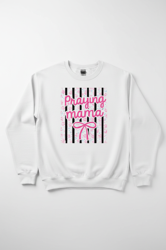 Women's white Praying Mama crewneck sweatshirt flat lay