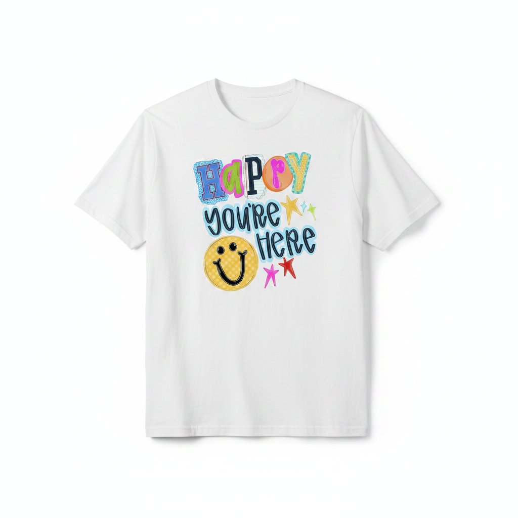 Happy You're Here tee white flat lay