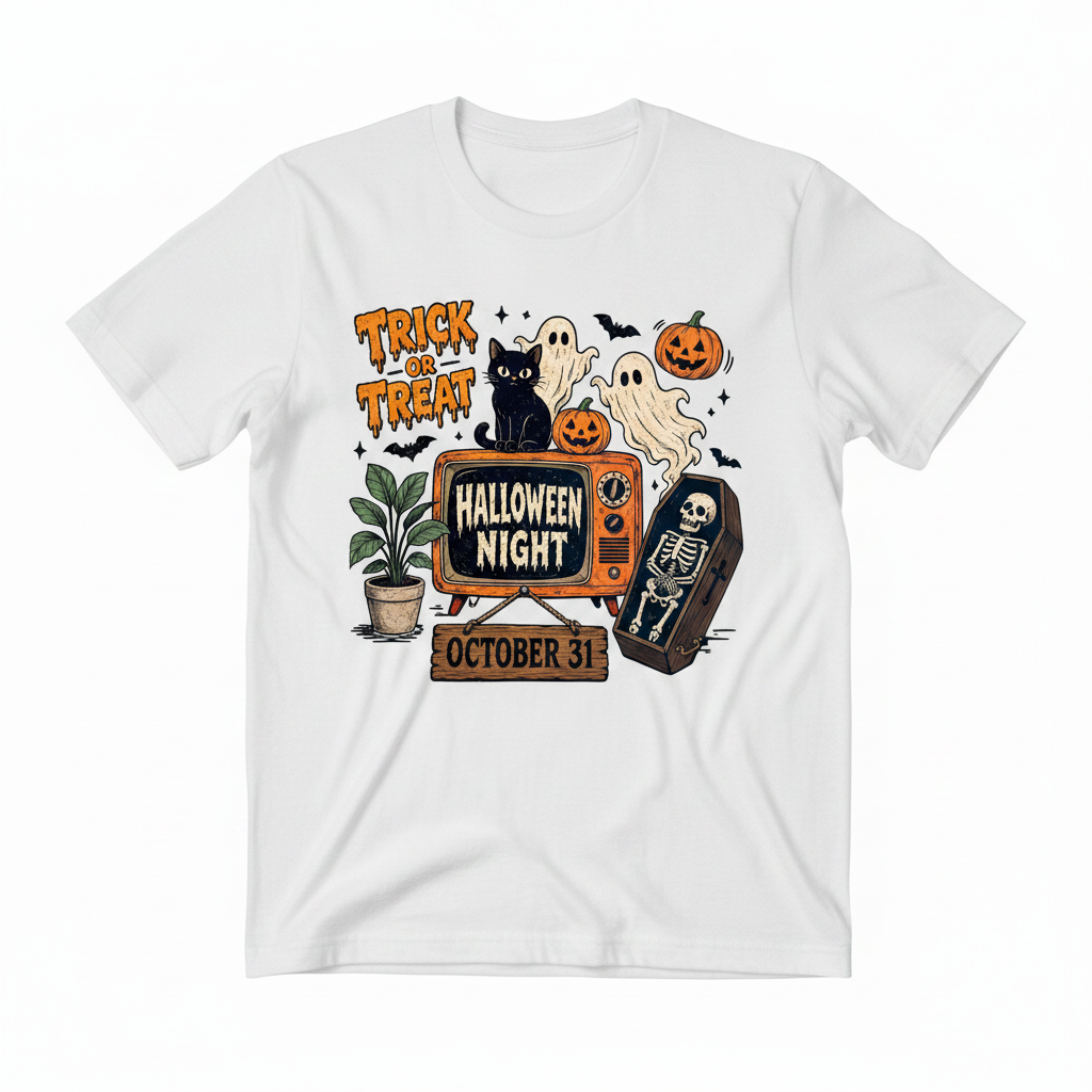 Trick or Treat Halloween tee flat lay mockup