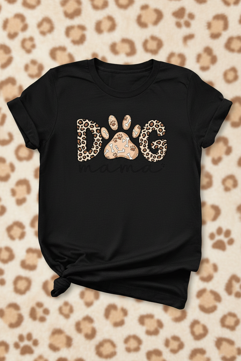 Dog Mama black t-shirt mockup on warm earthy leopard background